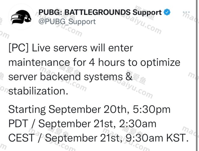 绝地求生PUBG2022年9月20日周三停机维护4小时：烤鸡2022系列即将上线-猫咪网络